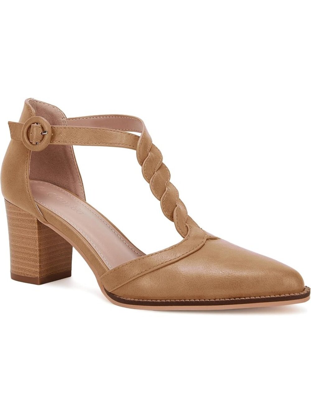Women's Khaki Chunky Heels T Strap Pointed Toe Stacked Heeled Sandals Pumps